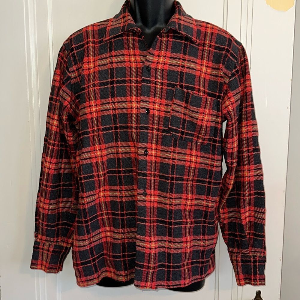 Vintage 60s/70s Misto Lana red, black & tan plaid thick shirt or jacket